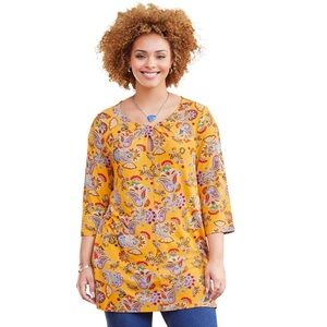 Catherines Liz&Me Swing Tunic Top. 3X P2P:33 L:35” honey mustard paisley floral